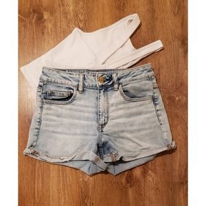 AEO High rise light wash denim shorts